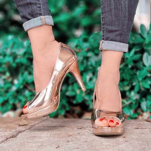 Rose Gold PAT Open Toe Pumps Platform Heel - Picture 4 of 5